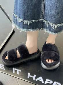 時尚防滑女士家居保暖毛絨拖鞋 - 黑色 - 查看 2