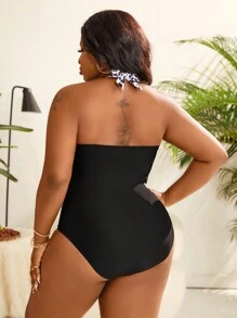 SHEIN Swim Curve Summer Beach Plus Size Women's Leopard Print Halterneck One-Piece Swimsuit Carnival - Multicolor - View 2