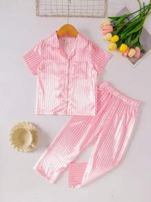 SHEIN Young Girl Comfortable Pink Striped Short Sleeve Shirt And Pants Set For Leisure