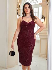 SHEIN Belle Vestido Cami Plus Size Feminino Bordô Vermelho com Contas - Borgonha - Ver 4