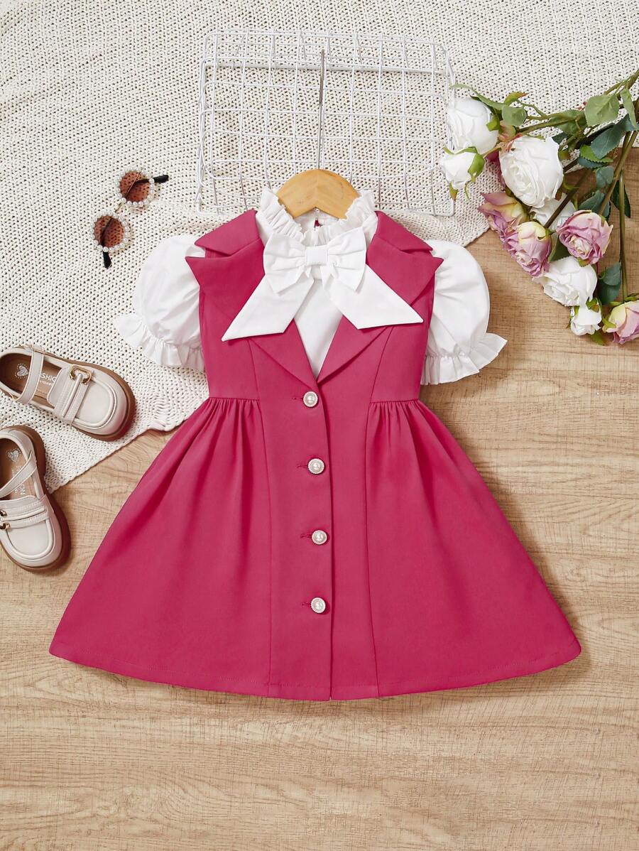 Ensemble De 2 Pièces Pour Jeune Fille : Haut À Manches Courtes Bouffantes Avec Décoration De Nœud Et Robe Chemisier Sans Manches - Rose vif - Voir 1