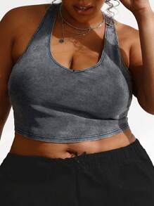 SHEIN CURVE+ 大碼素色短款燈芯絨掛脖上衣 - 黑色 - 查看 4