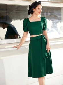 Vintamour Crop Top & Puff Short Sleeve Square Neck Top And Skirt Set