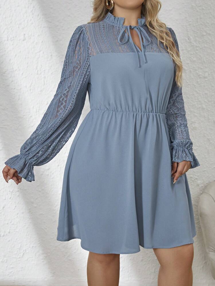Plus Size Lace Trim Flare Sleeve Dress With Tie Neck