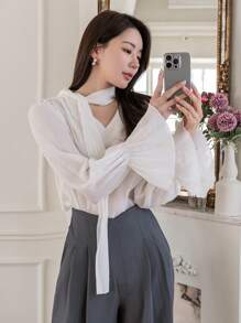 DAZY Tie-Neck Flare Sleeve Blouse,Fall Clothes