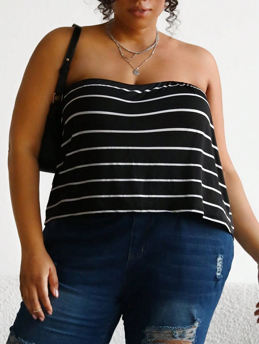 SHEIN CURVE+ Plus Striped Print Tube Top - Black - View 1
