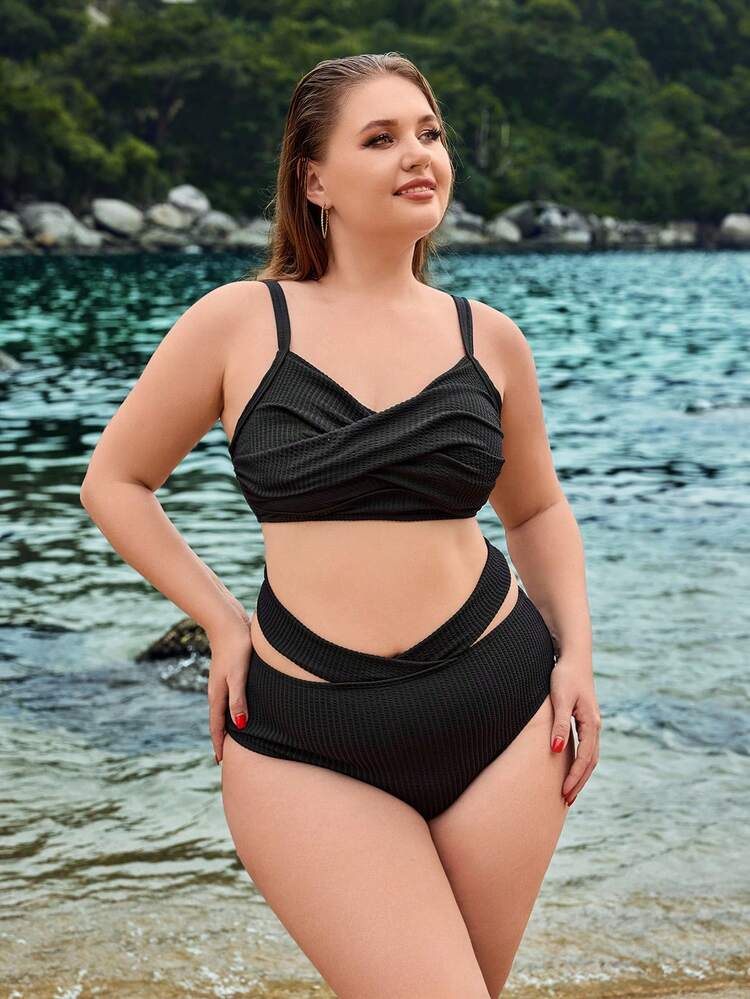 Plus Size Solid Color Bikini Set Summer Beach