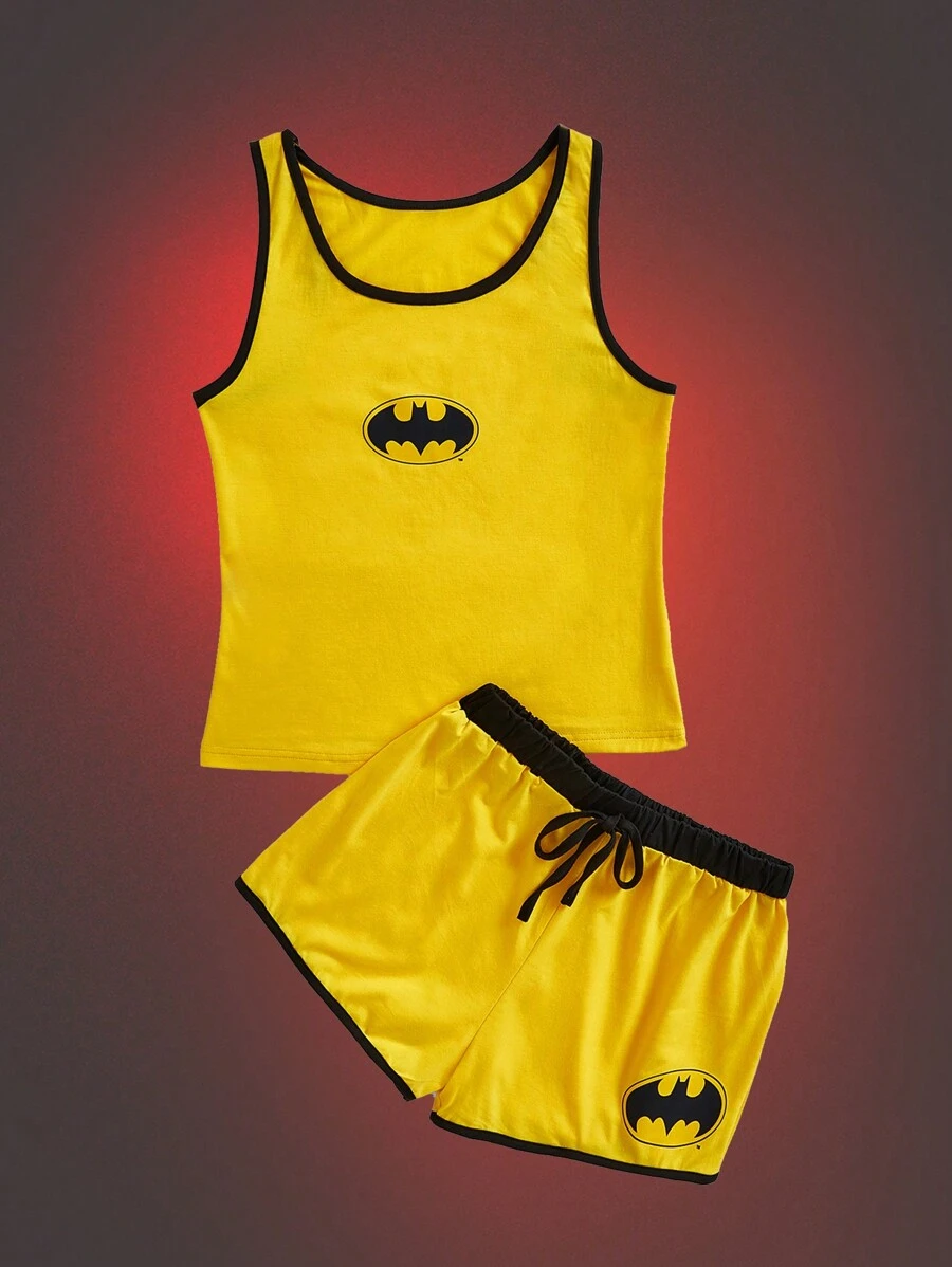 Batman X ROMWE Conjunto De Pijama Para Mujer Con Estampado De Dibujos Animados Y Ribete Con Contraste - Amarillo - Ver 1
