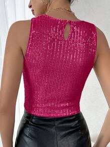 SHEIN Essnce Women's Sparkly Round Neck Tank Top For Summer - Hot Pink - View 2