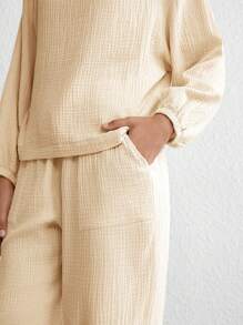 Của phụ nữ Màu thuần Thả vai Kết cấu Áo - Màu Khaki - Xem 3