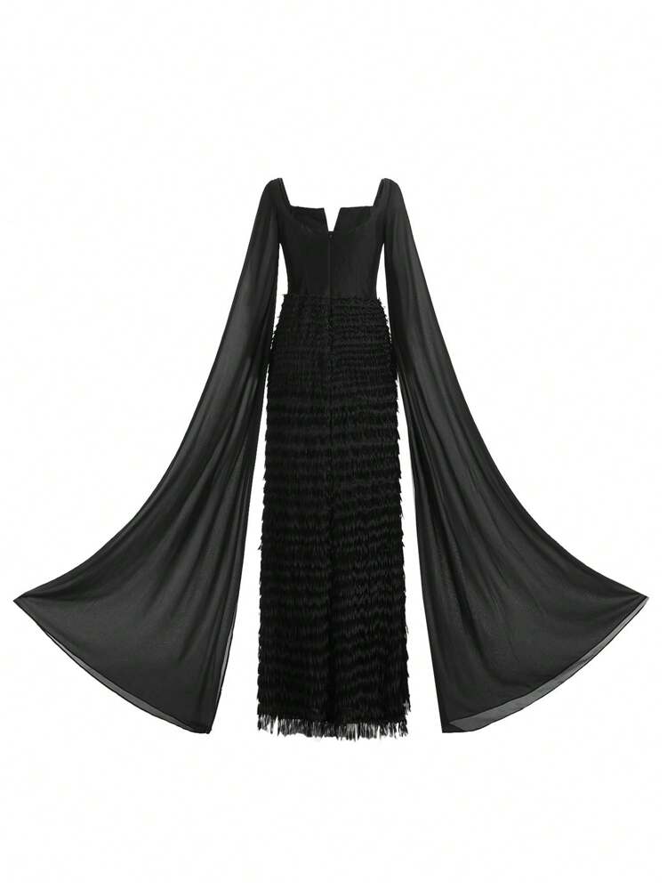 Women's Evening Formal Dress With Notched Neckline, Extra Long Flowy Sleeves And Fishbone-shaped Panel