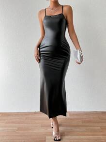 Allurite Faux Leather Back Slit Sexy Mermaid Dress