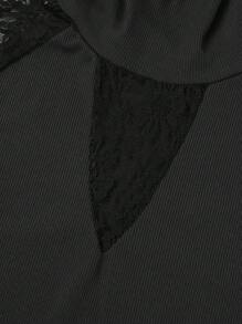 Lace Spliced High Neck Long Sleeve T-Shirt - Black - View 5