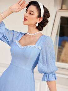 Vintamour Damen Kleid Mit Volantärmeln Und Herzförmigem Ausschnitt, Sommerkleidung - Blau - Übersicht 7
