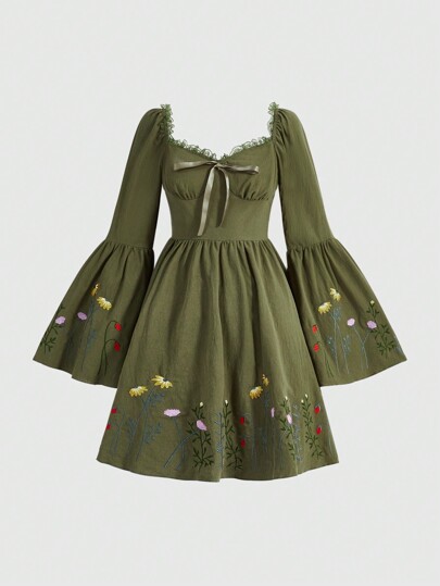 Robe élégante à imprimé floral, col en V, manches évasées, pour femme au printemps/été