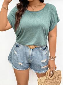 SHEIN Frenchy Plus Size Women Lace Panel Back T-Shirt - Green - View 4