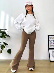 SHEIN EZwear 口號與花卉印花長袖運動衫和喇叭褲套裝 - 棕色 - 查看 4