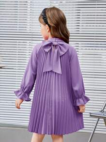 SHEIN Leap Crew Cô gái trẻ Váy chữ A dáng rộng cổ điển có trang trí nơ và tay áo dài xếp ly - Màu tím - Xem 1