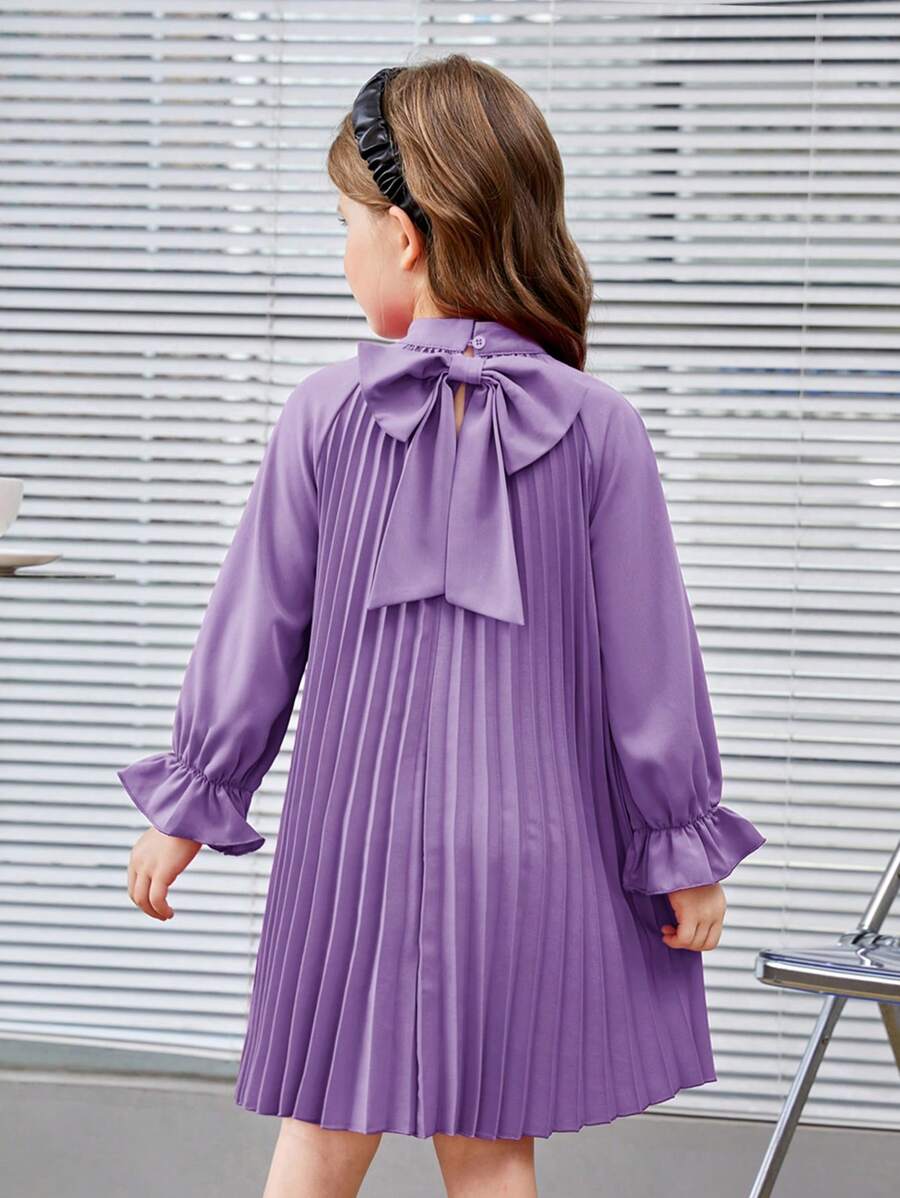 SHEIN Leap Crew Cô gái trẻ Váy chữ A dáng rộng cổ điển có trang trí nơ và tay áo dài xếp ly - Màu tím - Xem 1