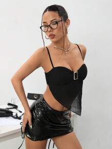 SHEIN ICON Y2k Summer Black Pleated Metal Button Decorated Cami Top With Scarf Hem - Black - View 1