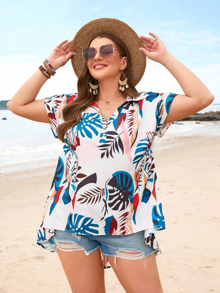 Plus Size Women's Tropical Plant Printed High-Low Shirt For Vacation,Button Down Shirt,Summer Women Shirt