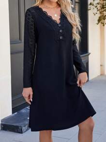SHEIN LUNE Lace Detail Button Decorated Dress - Black - View 4