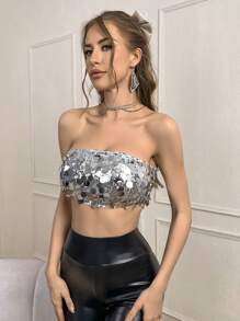 SHEIN Privé Ladies' Sparkling Strapless Top - Black - View 3