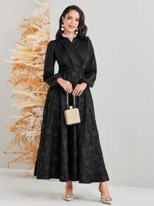 Modelyn Đầm dạ hội dài tay cổ cao Jacquard quấn - màu đen - Xem 3