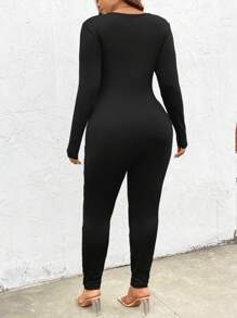 SHEIN Frenchy Plus Size Solid Color Slim Fit Jumpsuit - Black - View 2