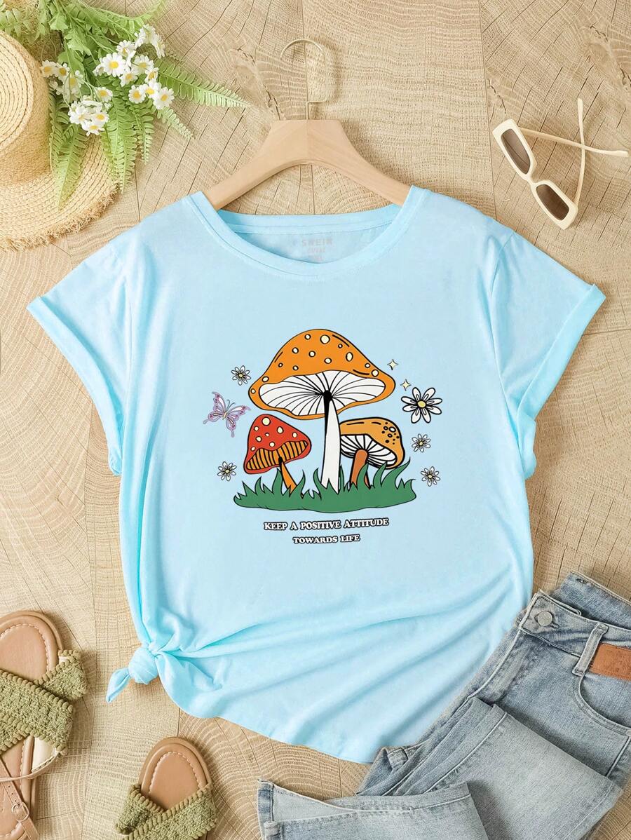 SHEIN EZwear 大尺寸卡通印花t卹 - 淺藍色 - 查看 1