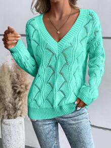 EMERY ROSE Women's V-Neck Hollow Out Sweater Pullover,Long Sleeve Tops Knit Pullover Fall Winter Sweater - Baby Blue - View 4