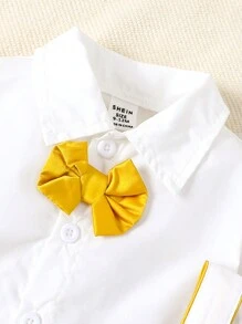 SHEIN 3 cái/bộ Em bé Con trai Mùa xuân/Mùa hè Trắng Retro Trường học Phong cách Nơ Tay áo dài Áo sơ mi Và Quần yếm Bộ đồ , Thích hợp - Nhiều màu - Xem 3