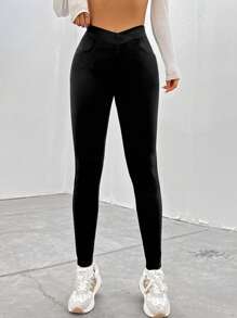 SHEIN EZwear 女士不对称腰部紧身裤 - 黑色 - 查看 5