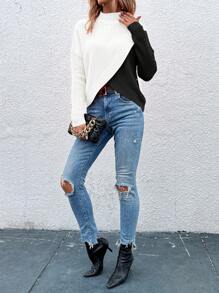 SHEIN LUNE Contrast Color Stand Collar Wrapped Sweater Pullover - Multicolor - View 3