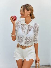 Aveloria Rosie Chemise À Manches Courtes Évidées Pour Femme - Beige - Voir 1