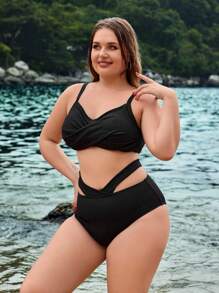 SHEIN Swim Curve Conjunto de bikini de unicolor talla grande para playa de verano