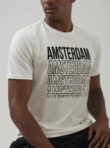 Shein 男士短袖針織t卹,印花設計 - 香檳色 - 查看 3