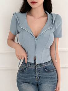 DAZY Của phụ nữ Màu thuần Dây rút áo có mũ Áo thun - Màu xanh lam - Xem 5