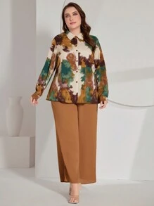 Mulvari Grote maten Vrouwen Tie Dye Patroon Lange mouwen Set van overhemd en broek