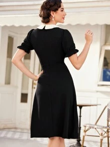 Vintamour 女士拼色翻领泡泡袖连衣裙演唱会夏季女士带袖连衣裙复古衣服黑色春季连衣裙 - 黑與白 - 查看 8