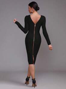 Sexy Women's Long Sleeve Backless Zipper Bodycon Mid-Length Party Dress - Black - View 1