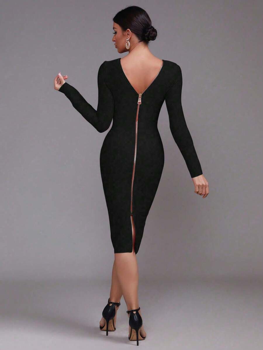 Sexy Women's Long Sleeve Backless Zipper Bodycon Mid-Length Party Dress - Black - View 1