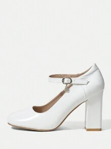 具備帶扣捆綁和粗跟的時尚pu皮珍風格鞋子 - 白色 - 查看 1