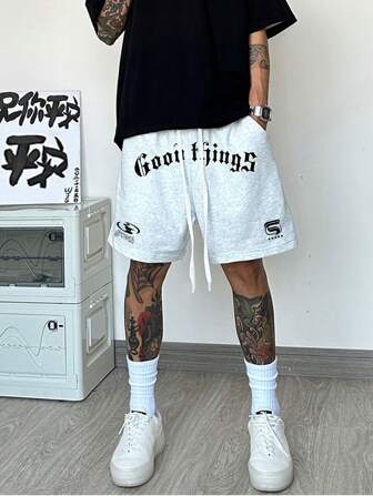 Manfinity ZONE917 Men's Loose Fit Shorts With Drawstring Waist And Letter Print Sweat Cool Nice Plain All White Urban Funny Boyfriend Gift