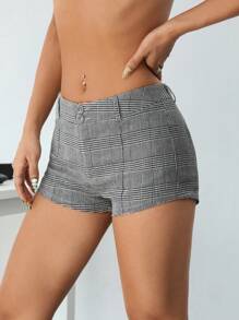 SHEIN ICON Y2k夏季女式格紋超低腰超短熱褲 - 灰色 - 查看 4