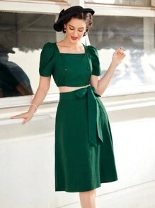 Vintamour Crop Top & Puff Short Sleeve Square Neck Top And Skirt Set