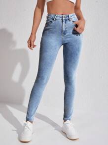 SHEIN SXY Women's High Waist Slim Fit Denim Pants - Medium Wash - View 4