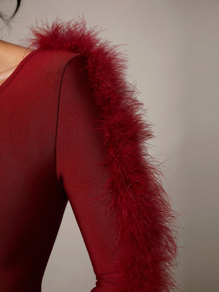 Valentine's Day Red Bandage Feather One Shoulder Long Sleeve Top