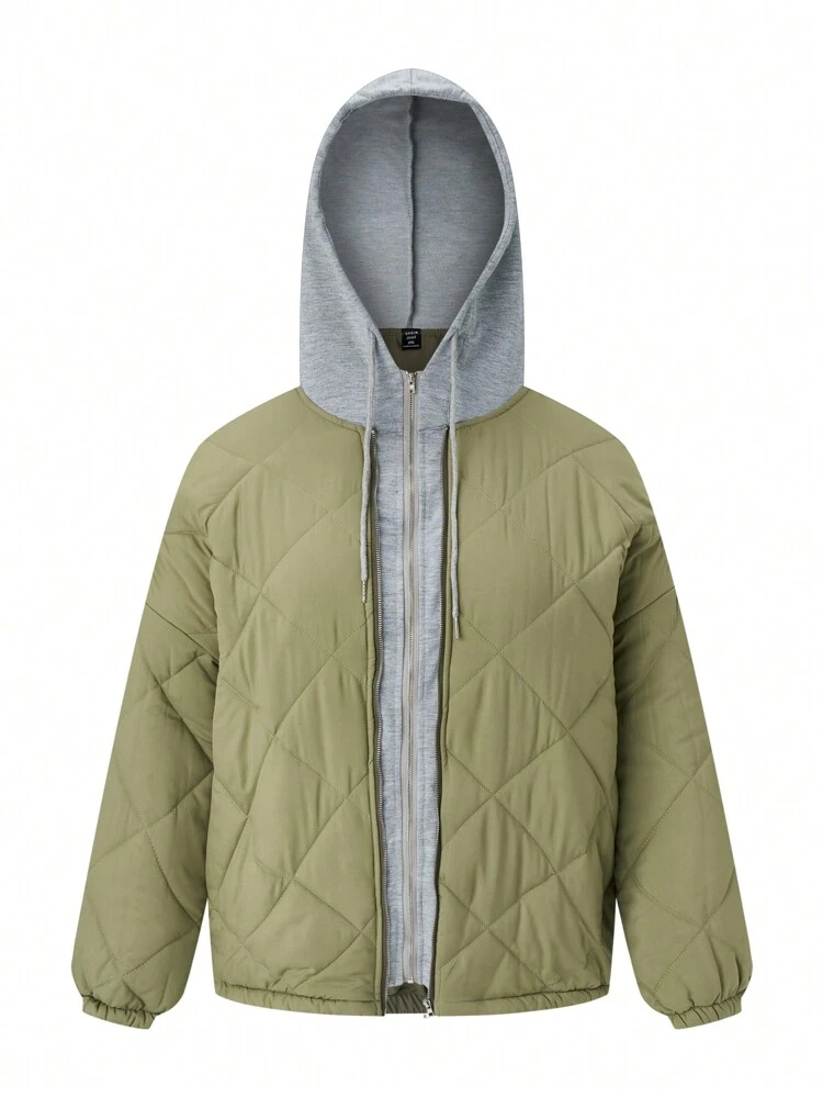 Plus Size Color Block Drawstring Hooded Jacket Thermal Fall Cloth For Women