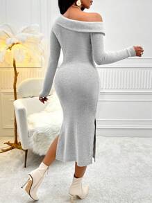 不對稱肩長袖休閒連衣裙 - 灰色 - 查看 2